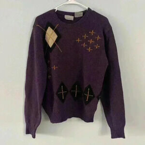 Le Chateau Vintage 100% Wool Grannycore Abstract Crewneck Sweater Purple S Small